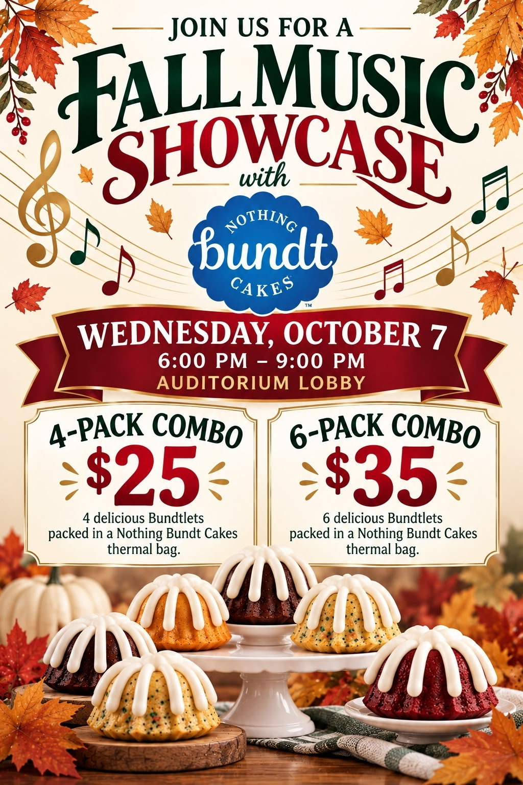 Fall Music Showcase Nothing Bundt Cakes fundraiser flyer: Wednesday, October 7 from 6:00 PM to 9:00 PM in the auditorium lobby. Four-pack combo is $25 and six-pack combo is $35.